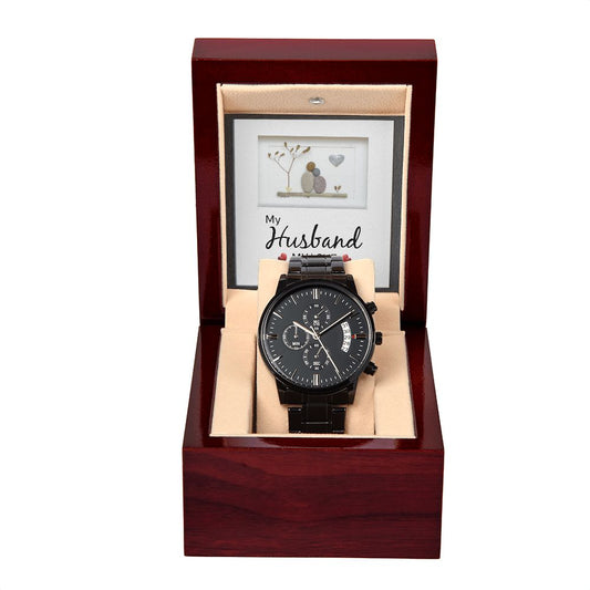 Black Chronograph Watch and Message Card